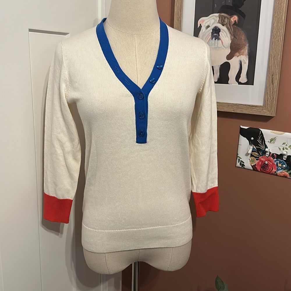 Boden winter white red blue 3/4 sleeves cotton wool fitted deep vneck 2 sweater - Picture 4 of 15